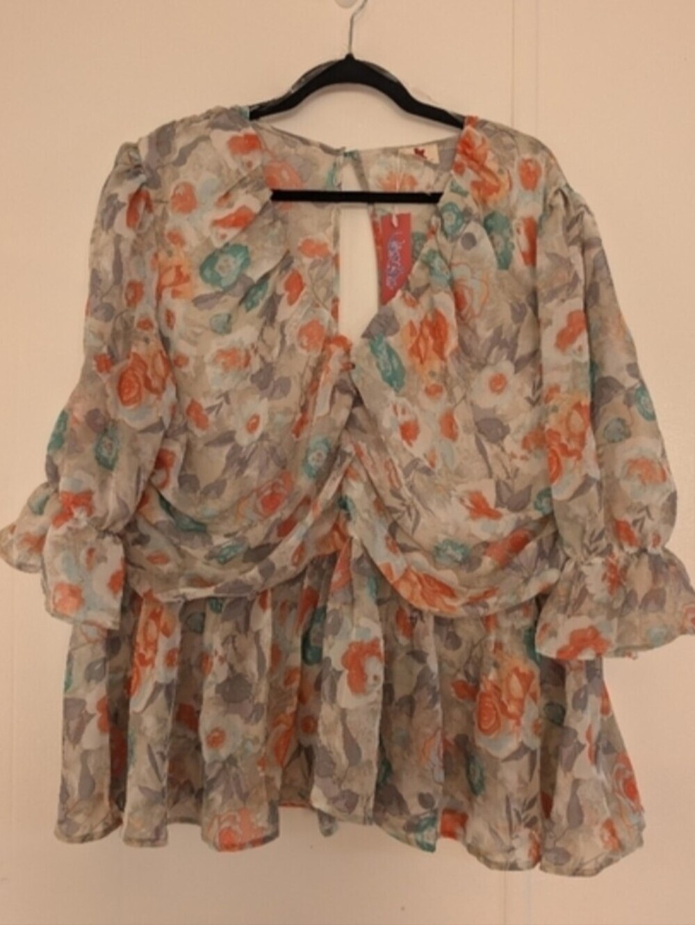 Orange Asymmetrical Blouse with 3/4 Sleeves Bohemian Top New With Tags